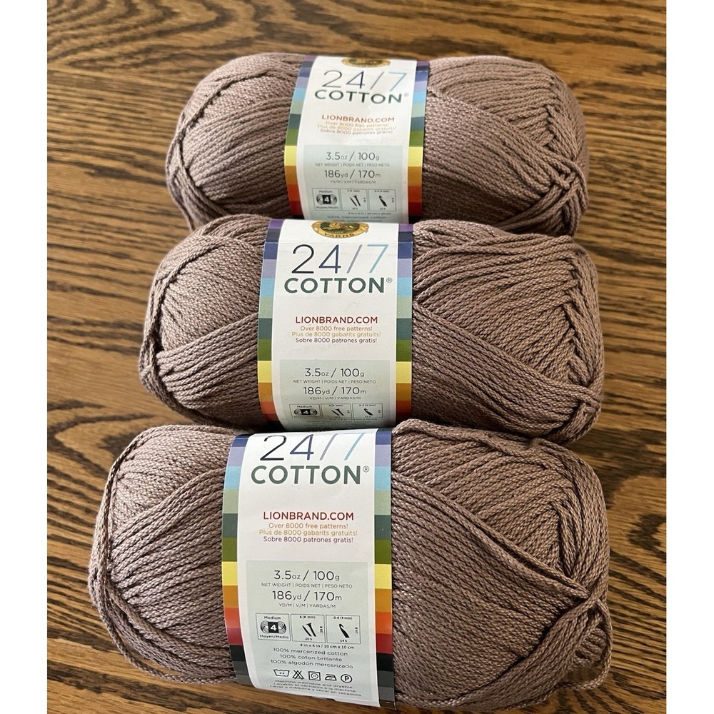 Lion Brand 24/7 Cotton Cafe Au Lait Brown 126AA Yarn 3-Pack 186 yd Each Skein